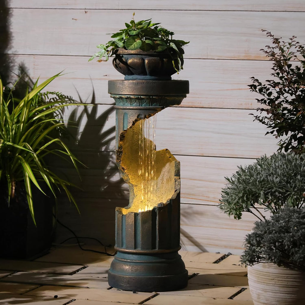 Sunlinua Outdoor Water Fountain with LED Light, Modern Spiral Tiered Outdoor Fountain with Stone Planter Curved Freestanding Waterfall Fountains for Garden Patio Deck Porch Gold