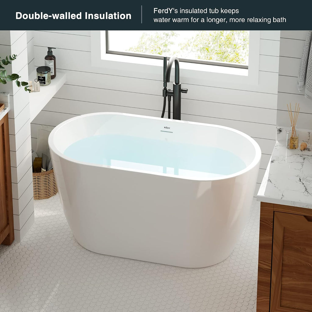 FerdY 47' Bali Acrylic Freestanding Bathtub, Gracefully Shaped Freestanding Soaking Bathtub, cUPC Certified, Toe-Tap Brushed Nickel Drain and Minimalist Linear Design Overflow Included
