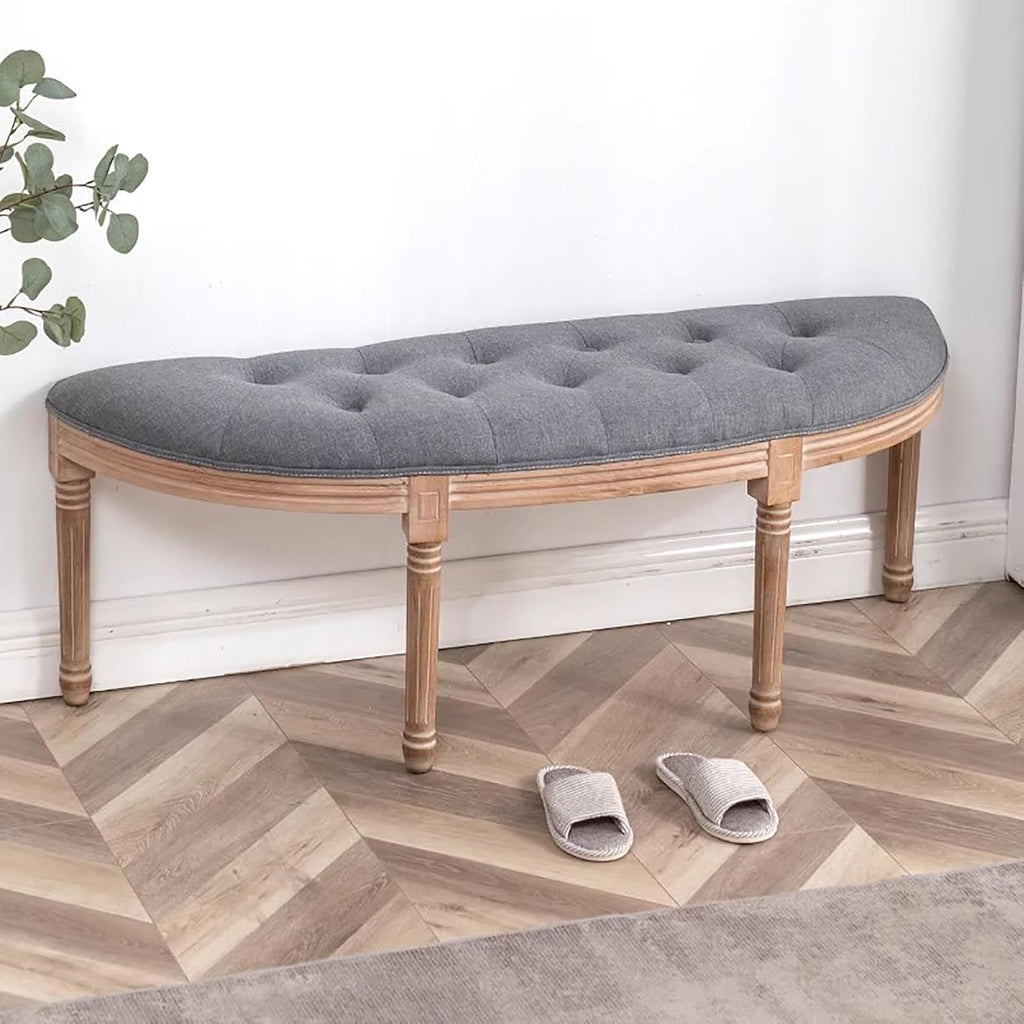 Half Moon Solid Wood Vanity Bench,Vintage French Upholstered Entryway Bench,Comfy Tufted Piano Benches Ottoman for Bedroom Living Room Hallway (49.21' W×16.54' D×18.5' H, Linen Cotton C Gray)