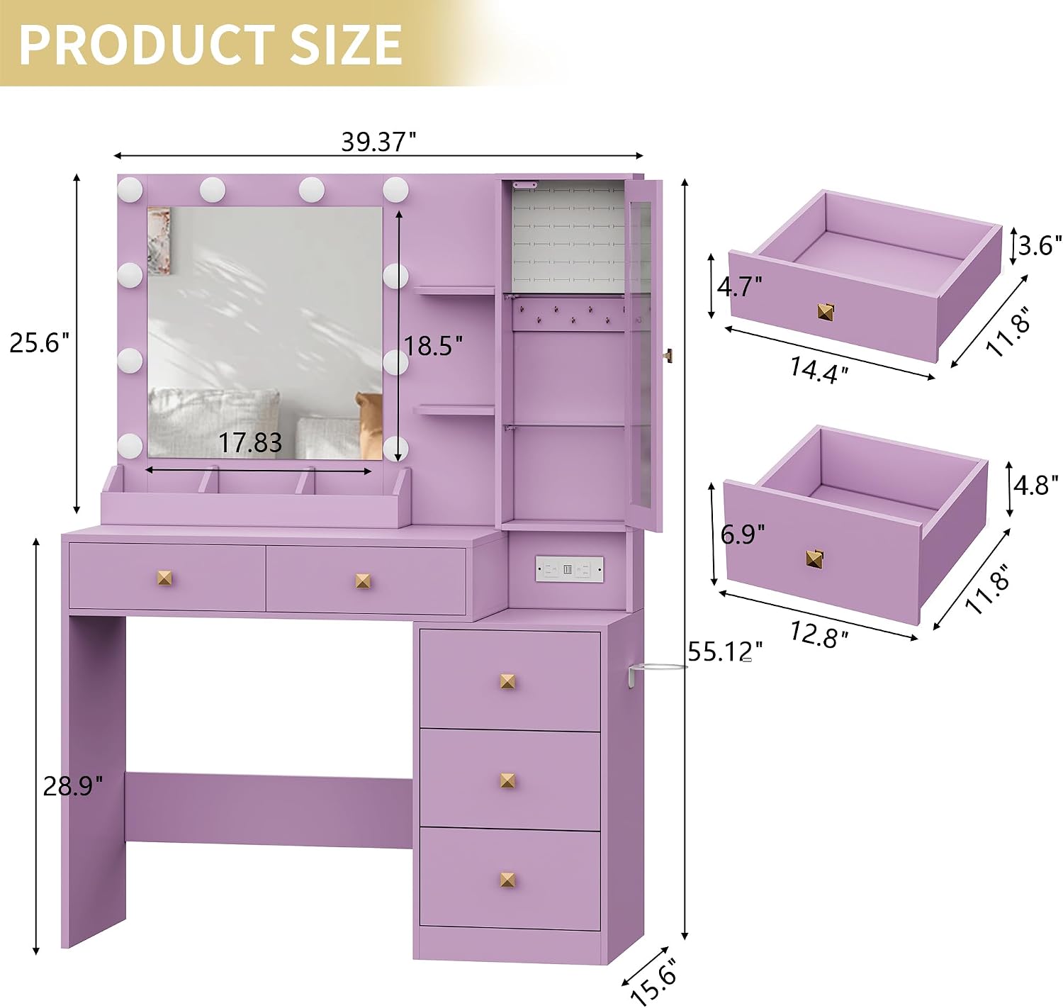 Xixini Vanity Desk with Mirror and Lights, Makeup Vanity Table Set with 5 Storage Drawers, Power Outlet, Small Dressing Table with RGB Ambient Light, Adjustable Brightness for Girls Bedroom, Purple