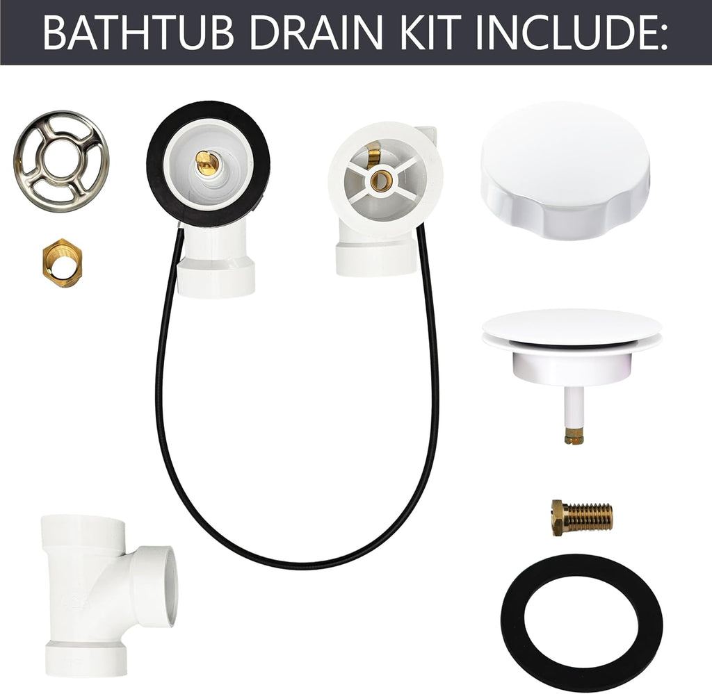 Westbrass A50P45-50 45' SCH. 40 PVC Cable Driven Bath Drain Trim Kit with Rotary Overflow Cover Knob and Pop-Up Stopper, White