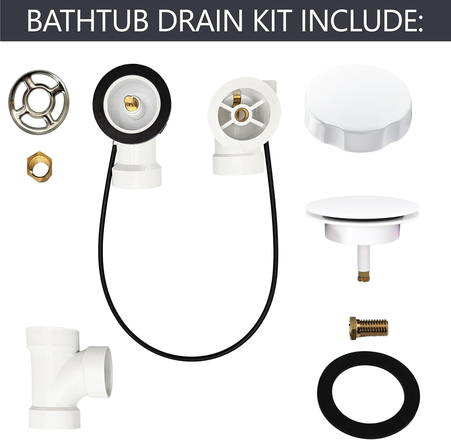 Westbrass A50P45-50 45' SCH. 40 PVC Cable Driven Bath Drain Trim Kit with Rotary Overflow Cover Knob and Pop-Up Stopper, White