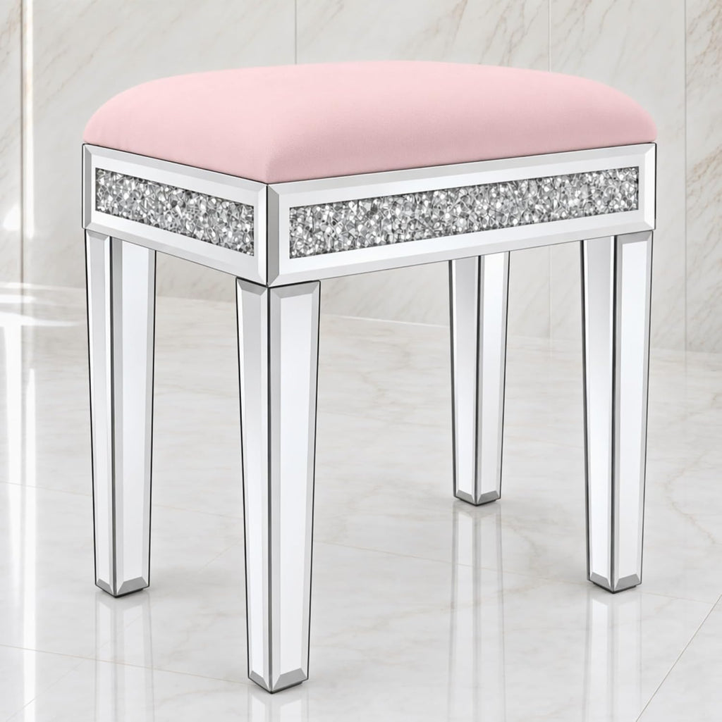 Vanity Stool with Storage – Mirrored Legs, Velvet Cushioned Ottoman, Hidden Compartment, Sparkling Diamond Trim, Glam Makeup Chair & Piano Bench - Silver & Pink