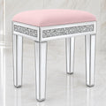 Vanity Stool with Storage – Mirrored Legs, Velvet Cushioned Ottoman, Hidden Compartment, Sparkling Diamond Trim, Glam Makeup Chair & Piano Bench - Silver & Pink