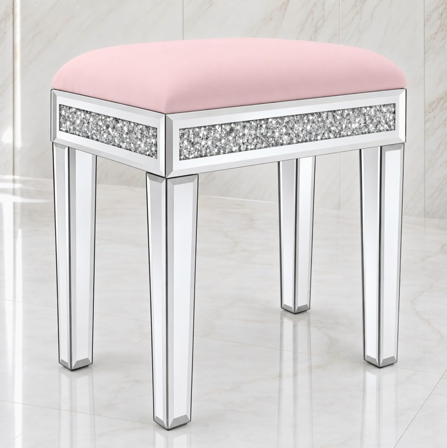 Vanity Stool with Storage – Mirrored Legs, Velvet Cushioned Ottoman, Hidden Compartment, Sparkling Diamond Trim, Glam Makeup Chair & Piano Bench - Silver & Pink