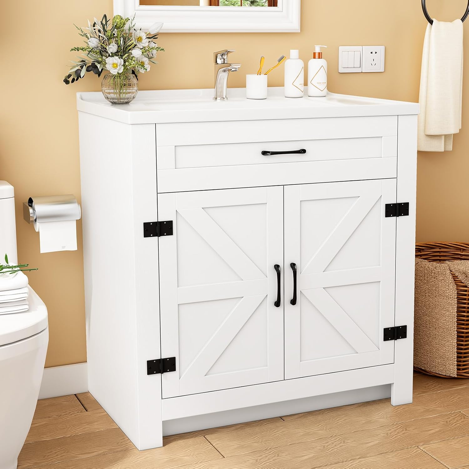 Bathroom Vanity, 32' Bathroom Vanity with Ceramic Sink, Farmhouse Bathroom Vanity Cabinet for Small Space, Freestanding Storage Cabinet with Shelf, 2 Doors, Easy Assembly