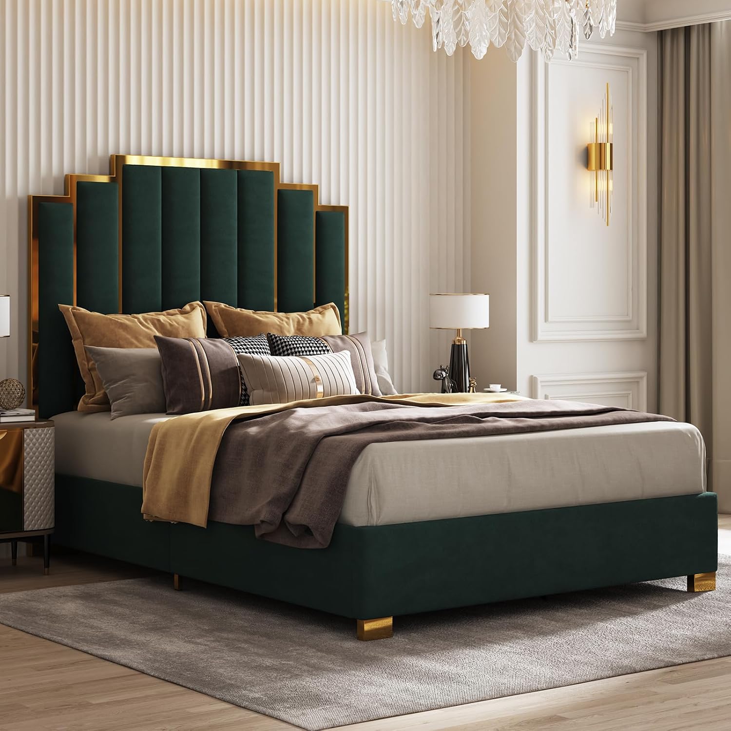 AMERLIFE Queen Size Upholstered Bed, Modern Velvet Bed Frame with 61.4' Tall Gold Trim Headboard, No Box Spring Needed, Green