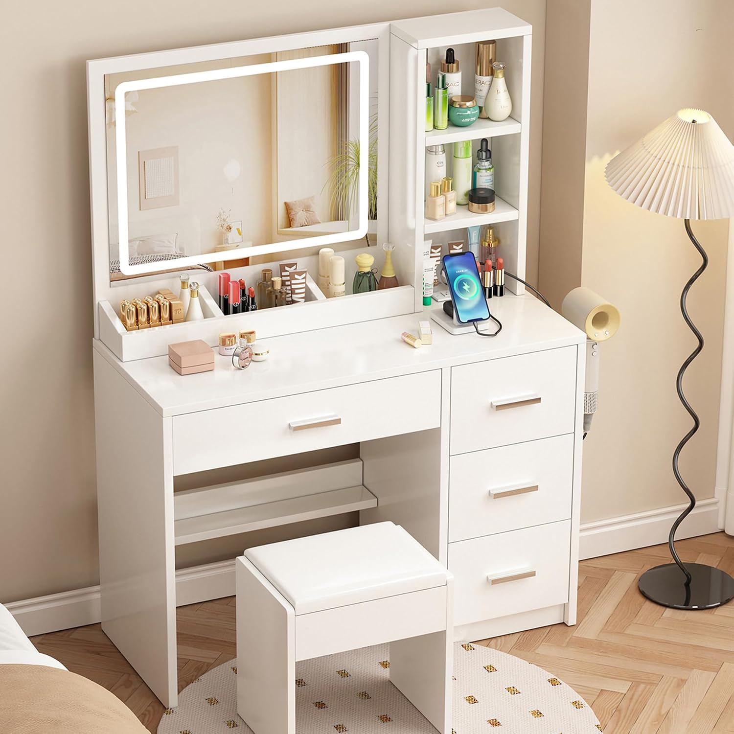 OTOQS Vanity Desk with Mirror and Lights, 4 Drawers & Benches Vanity Desk Set, 3 Color Lighting Modes Adjustable Brightness Vanity for Bedroom Makeup Table