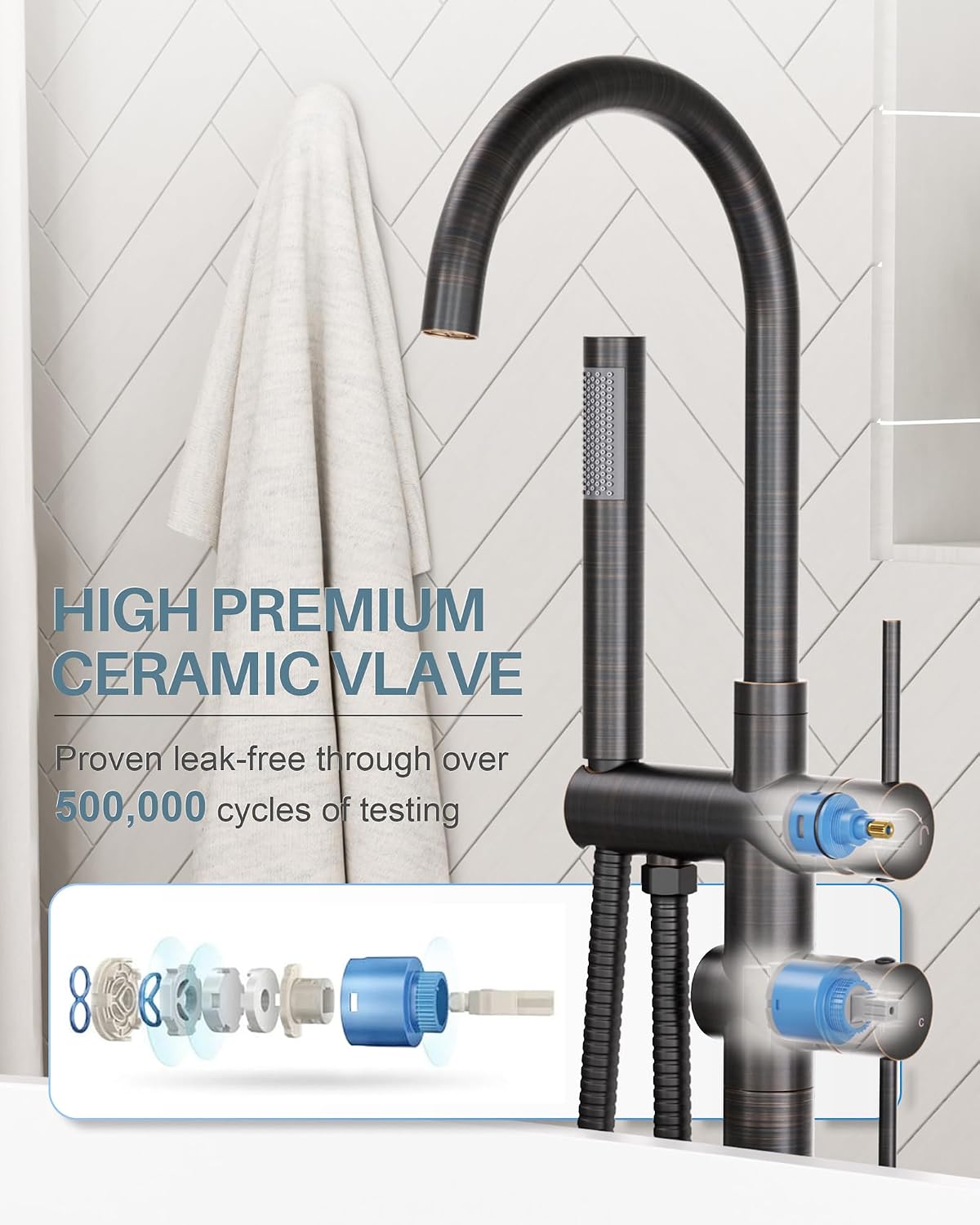 Freestanding Tub Filler Faucet Bronze: High Flow Brass Floor Mount Bathtub Filler, Swivel Gooseneck Spout with Single Handheld Sprayer for Bath Shower, Oil Rubbed Bronze