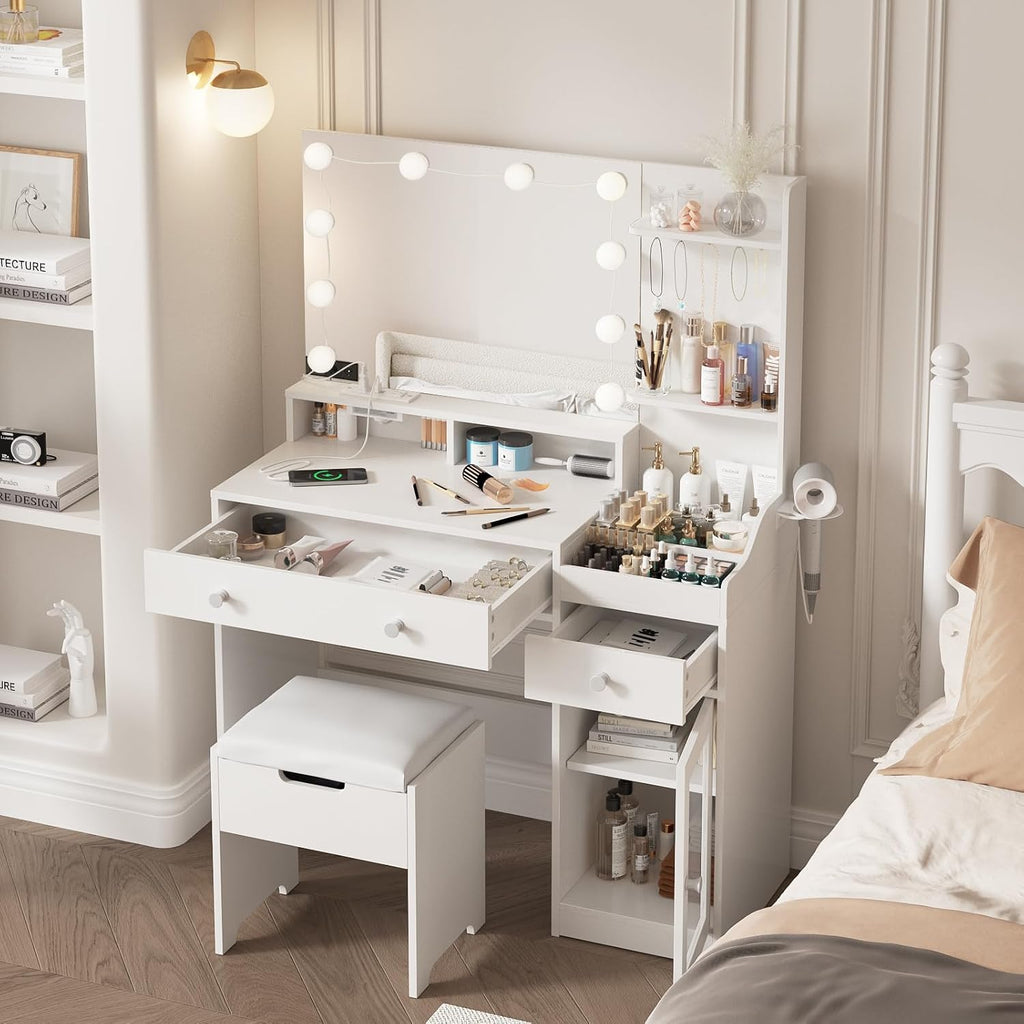 Vabches Vanity with Mirror and Lights, Makeup Vanity Table with Charging Station, Cute Vanity Set with Comfortable Bench, Dressing Table with 3 Storage Compartments, 39.8inch, White