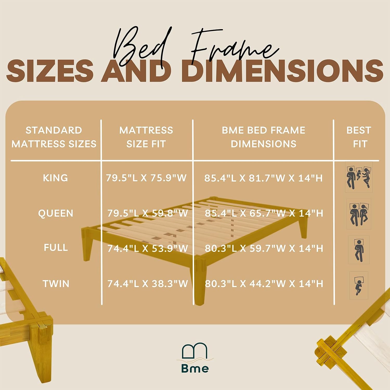 Bme Chalipa 14' Queen Bed Frame - Solid Wood Platform Bed - Japanese Joinery Bed Frame - Wood Slat Support - No Box Spring Needed - Easy Assembly - Minimalist & Modern Style, Golden Natural