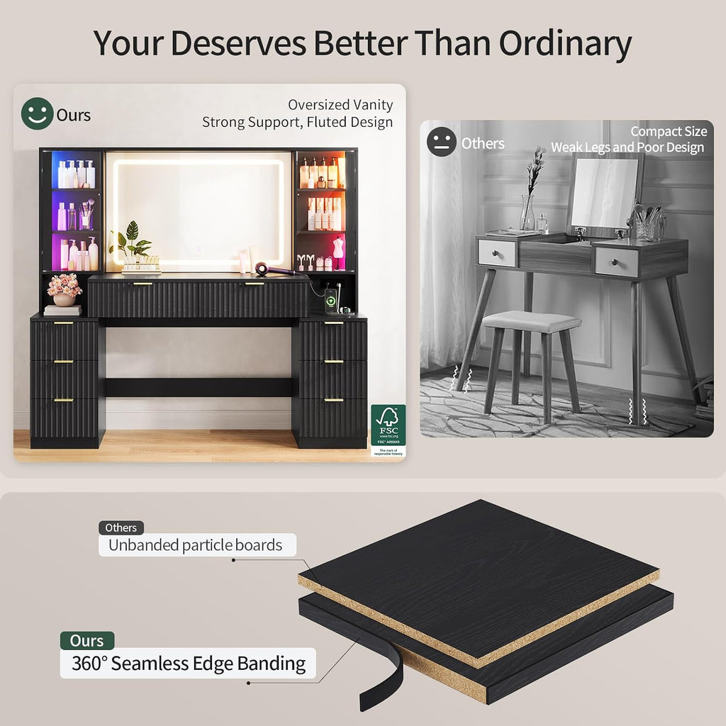 HAUOMS Big Vanity, 59.1' Fluted Wood Makeup Vanity Desk with Mirror and Sound Sync LED Lights, Large Vanity Dressing Table, 8 Drawers, 2 Glass Cabinets, with Charging Station for Girls, Women (Black)