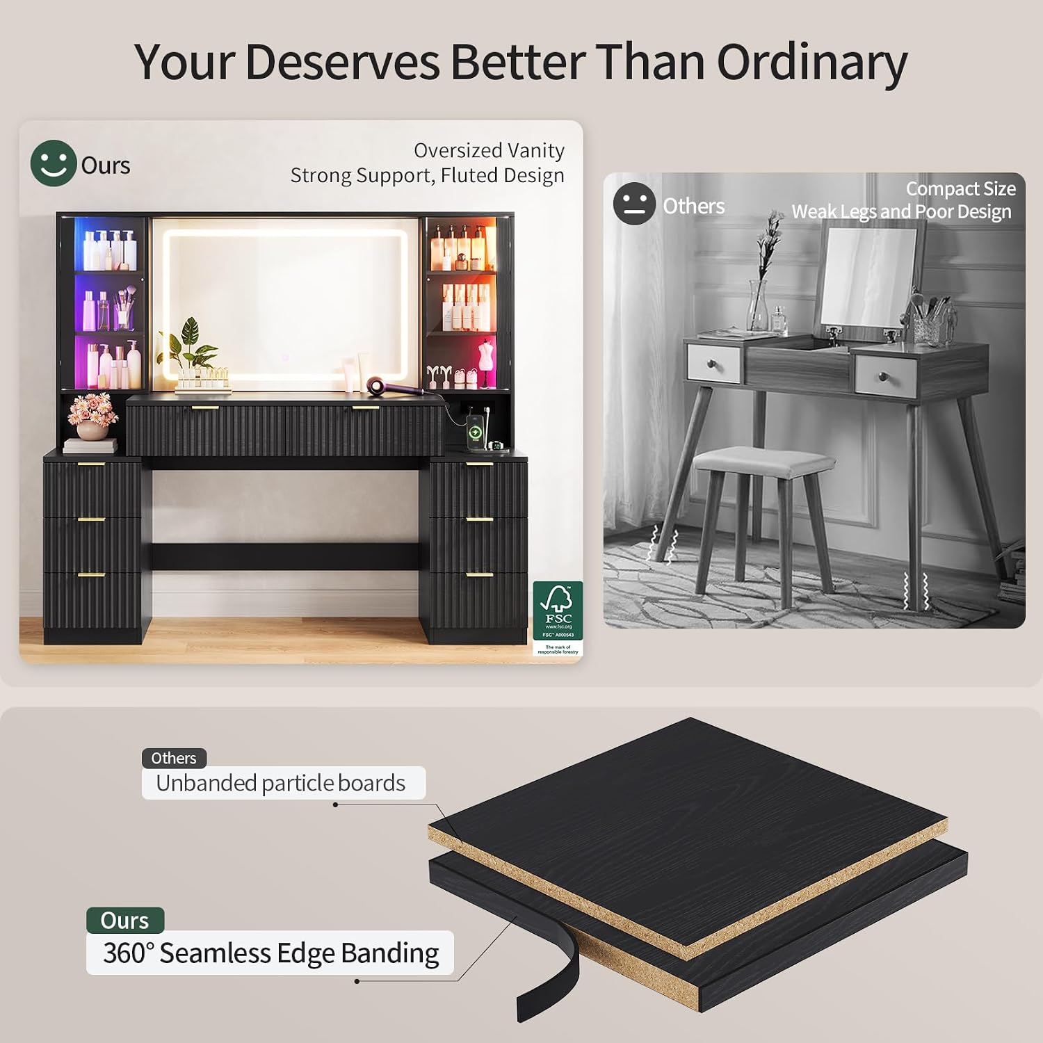 HAUOMS Big Vanity, 59.1' Fluted Wood Makeup Vanity Desk with Mirror and Sound Sync LED Lights, Large Vanity Dressing Table, 8 Drawers, 2 Glass Cabinets, with Charging Station for Girls, Women (Black)