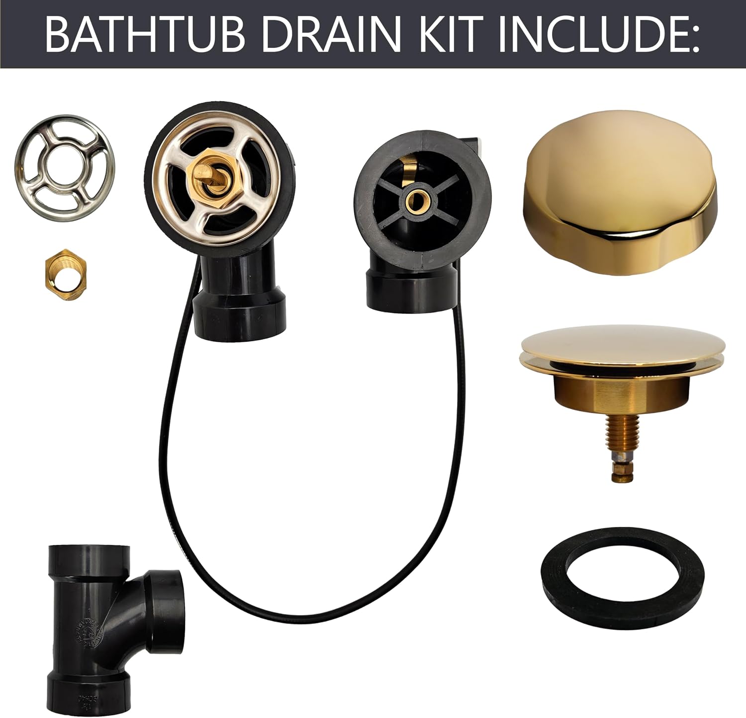 Westbrass A50A35-01 35' SCH. 40 ABS Cable Driven Bath Drain Trim Kit with Rotary Overflow Cover Knob and Pop-Up Stopper, Polished Brass