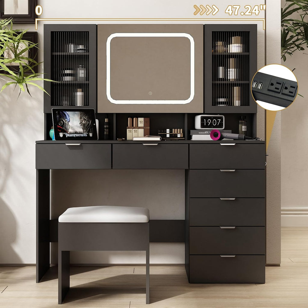 VINGLI Vanity Desk with LED Lighted Mirror & Padded Bench, Makeup Set with 7 Drawers & 2 Clear Glass Cabinets & 1 Hidden Mirror Cabinet & 3 Storeroom & Charging Station for Bedroom, Black