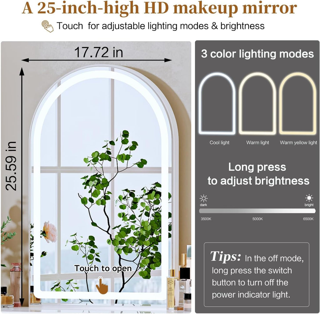 Ieejdn White,Vanity Desk with Mirror and Lights,Makeup Vanity with Power Outlet and Adjustable Cabinet,Modern Makeup Table with 3 Drawers for Bedroom Makeup Room