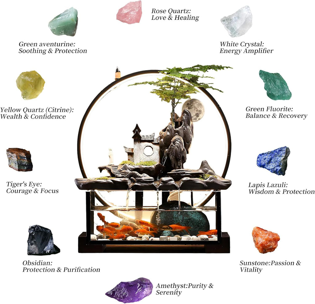 Desktop Ceramic Water Fountain Fish Tank - Adjustable Water Flow with LED Lights | Indoor Decoration Fortune Gifts+15 PCS Free Crystals (Style 2)
