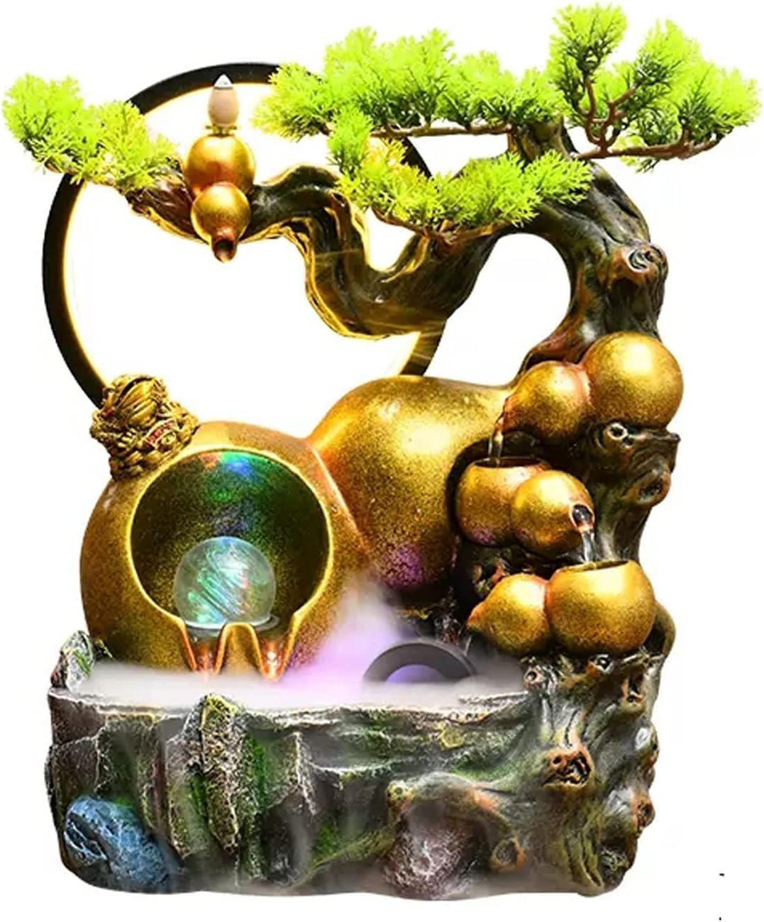 Tabletop Fountain Tabletop Water Fountain Resin Relaxation Meditation Desktop with Golden Gourd and Artificial Bonsai Design, Indoor Waterfall Feature for Home Office Decor(Small)