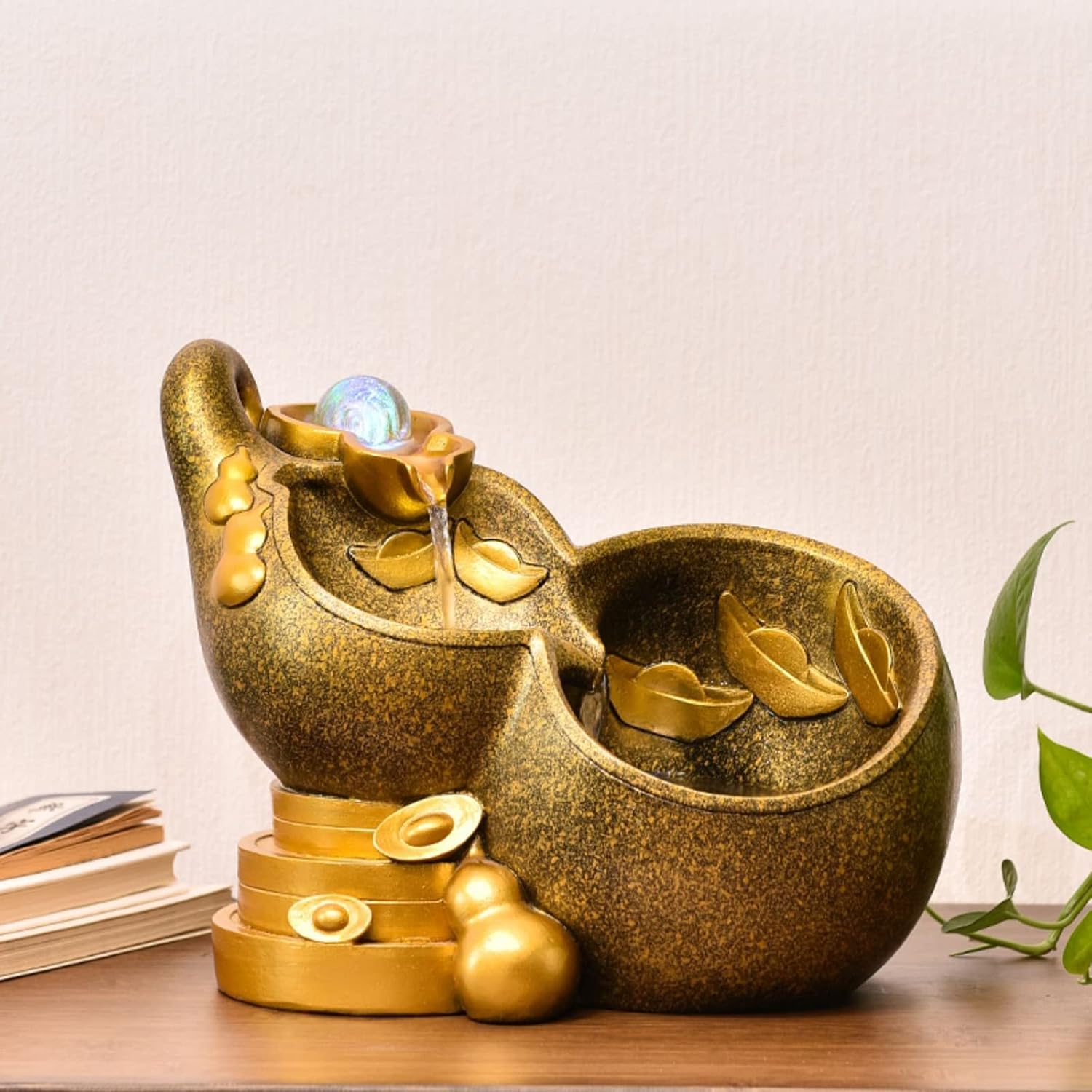 Tabletop Water Fountain Indoor Fountain Tabletop Fountain Resin Golden Gourd Mini Waterfall Fountains Water Feature Feng Shui Zen Meditation Desktop Fountain with Rolling Ball for Home Office Decor In
