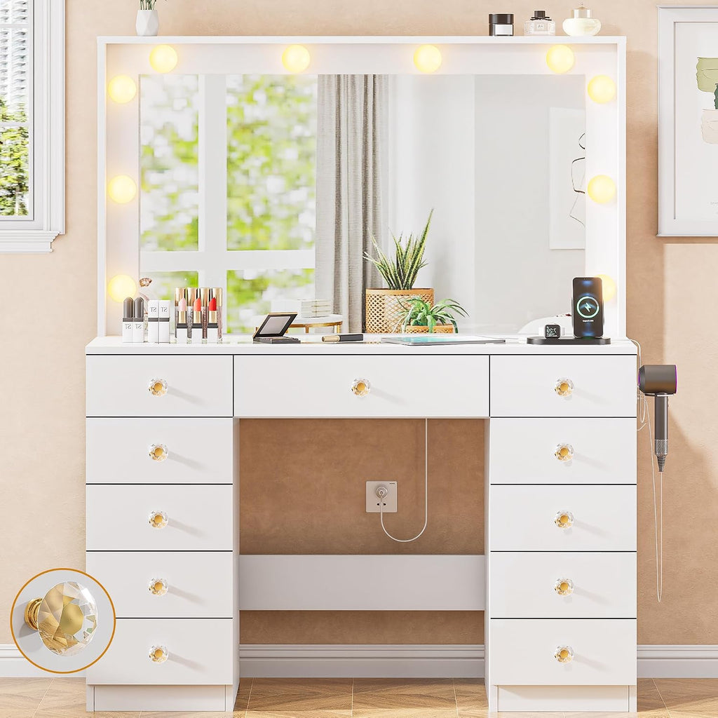 DINGIPP Vanity with Large Mirror and 10 LED Lights, Vanity Desk with Glasstop, 11 Drawers with Crystal Handles, Dressing Table with Power Outlet as Gift for Women, Girls (White)