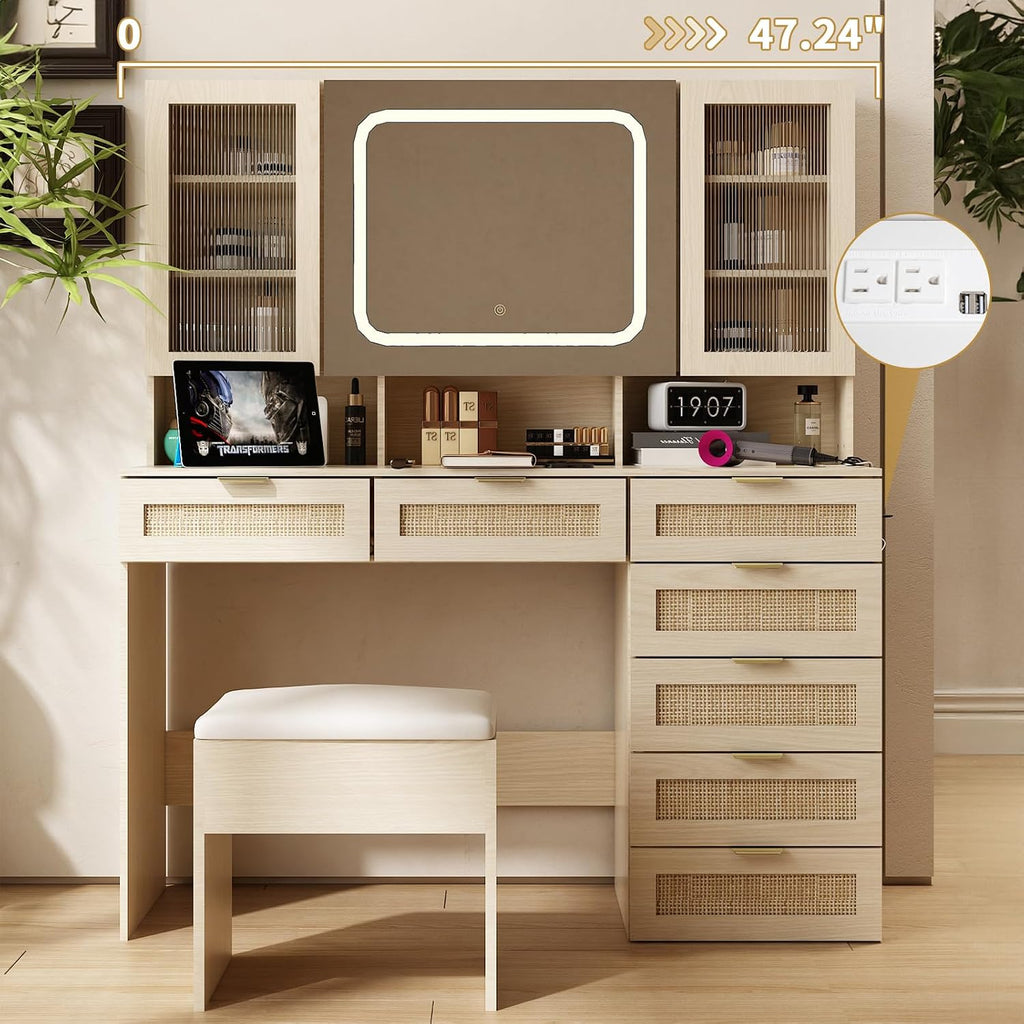 VINGLI Vanity Desk with LED Lighted Mirror & Padded Bench, Makeup Set with 7 Drawers & 2 Clear Glass Cabinets & 1 Hidden Mirror Cabinet & 3 Storeroom & Charging Station for Bedroom, Natural