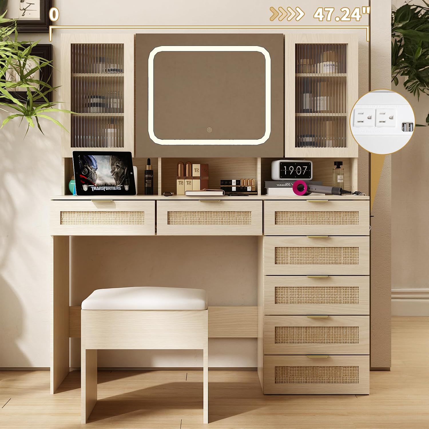 VINGLI Vanity Desk with LED Lighted Mirror & Padded Bench, Makeup Set with 7 Drawers & 2 Clear Glass Cabinets & 1 Hidden Mirror Cabinet & 3 Storeroom & Charging Station for Bedroom, Natural