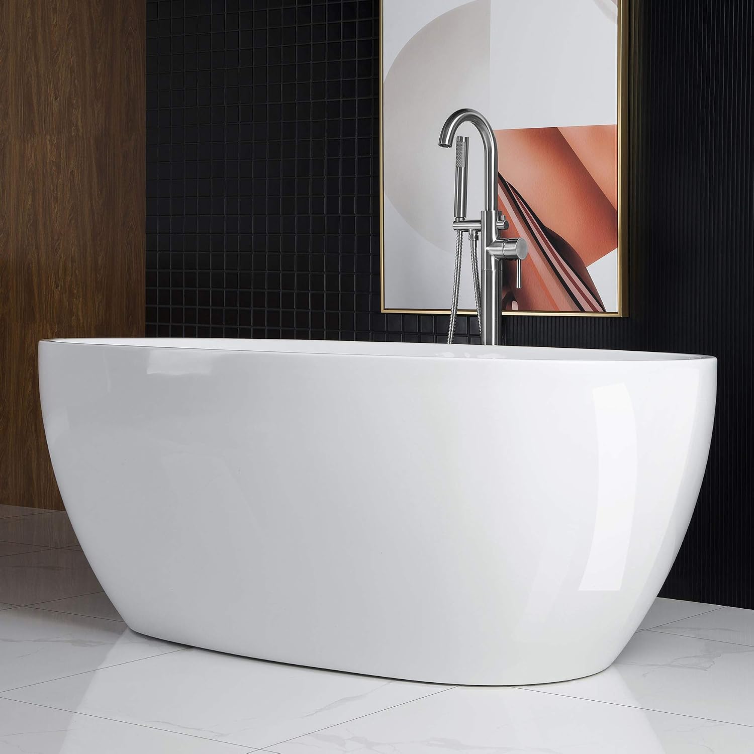 WOODBRIDGE 67' Acrylic Freestanding Bathtub Contemporary Soaking White Tub with Chrome Overflow and Drain，BTA1528-C