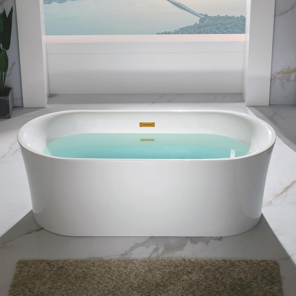 WOODBRIDGE 67' Acrylic Freestanding Bathtub Contemporary Soaking Tub with Brushed Gold Overflow and Drain,White Tub,B0057-BG