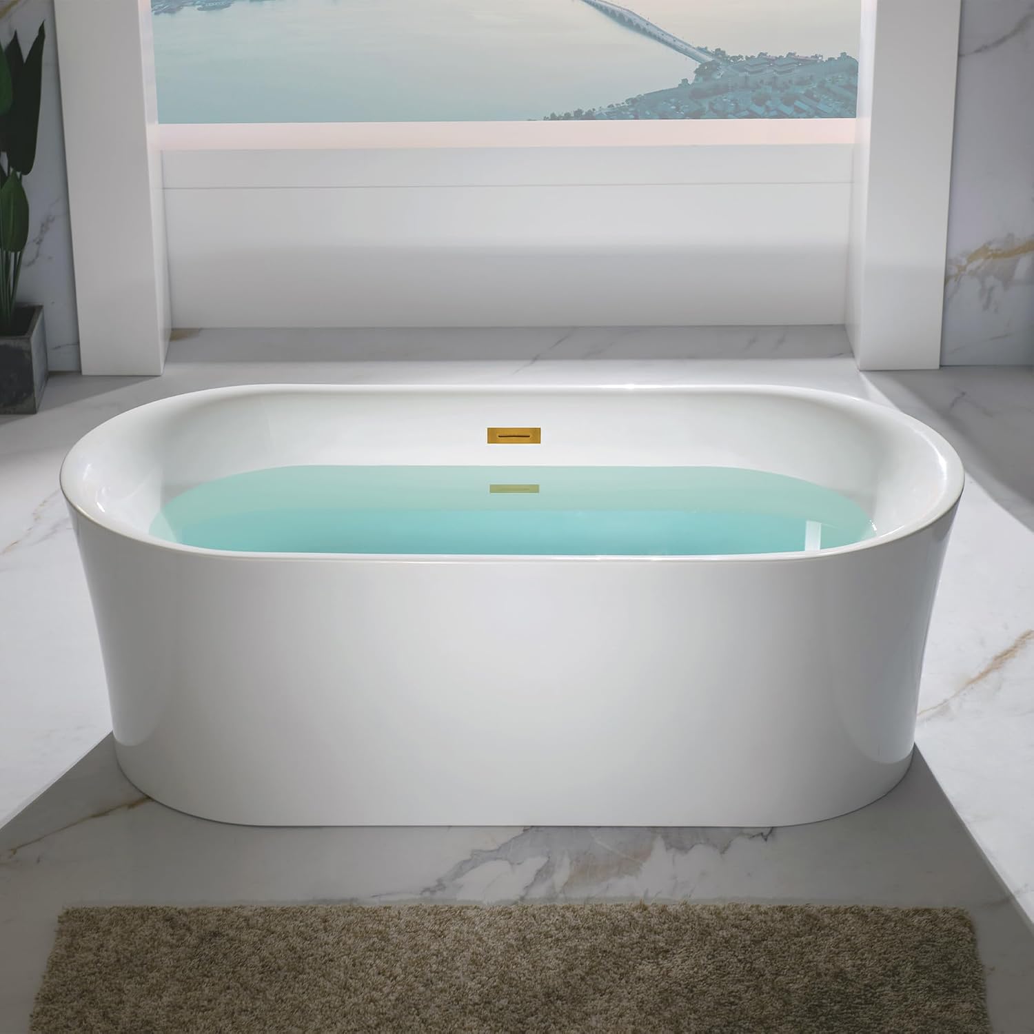 WOODBRIDGE 67' Acrylic Freestanding Bathtub Contemporary Soaking Tub with Brushed Gold Overflow and Drain,White Tub,B0057-BG