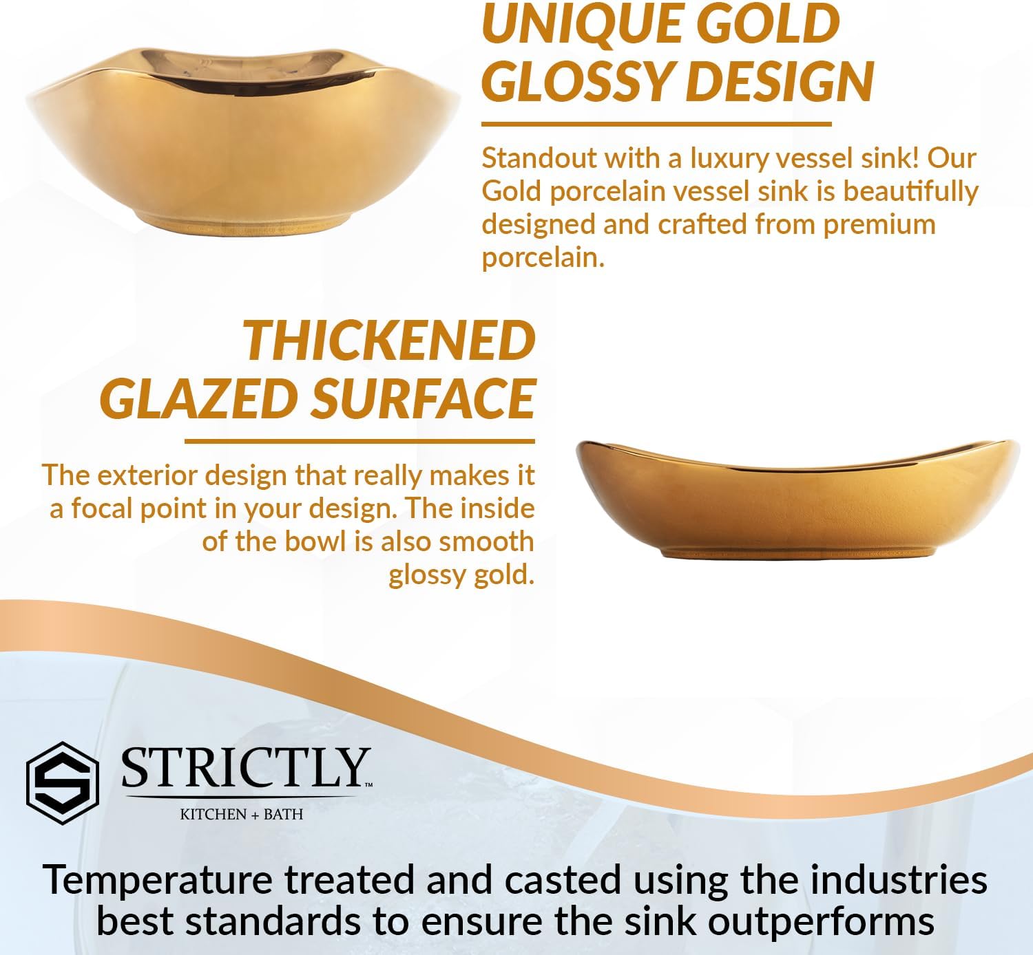 Strictly Sinks 22 Inch Gold Vessel Sink – Gold Glossy Ceramic Countertop Bathroom Sink – Easy to Install Above Counter Luxurious Vessel Sink for Bathroom