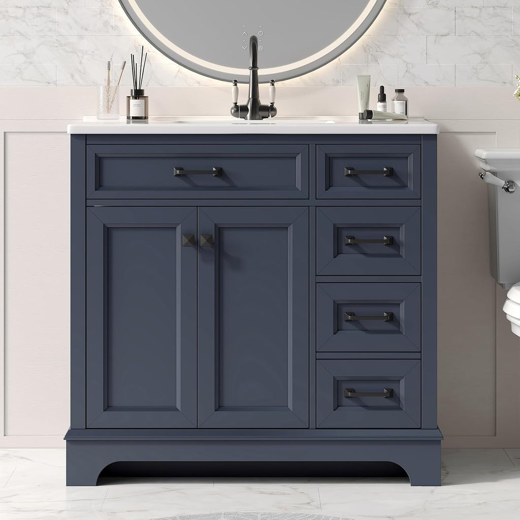 ONBRILL 36' Luxurious Bathroom Vanity with Ceramic Sink, Modern Freestanding Bathroom Single Sink Vanities Cabinet with 2 Soft Closing Doors & 2 Drawers, Adjustable Shelf & Paint Surface (Blue)