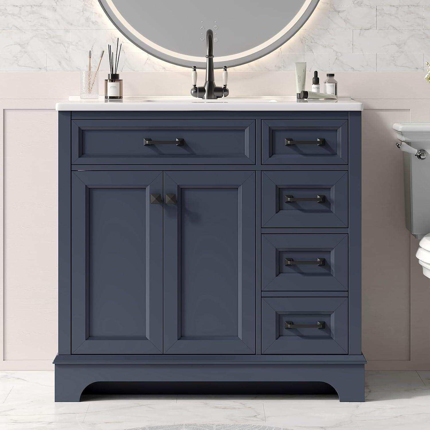 ONBRILL 36' Luxurious Bathroom Vanity with Ceramic Sink, Modern Freestanding Bathroom Single Sink Vanities Cabinet with 2 Soft Closing Doors & 2 Drawers, Adjustable Shelf & Paint Surface (Blue)