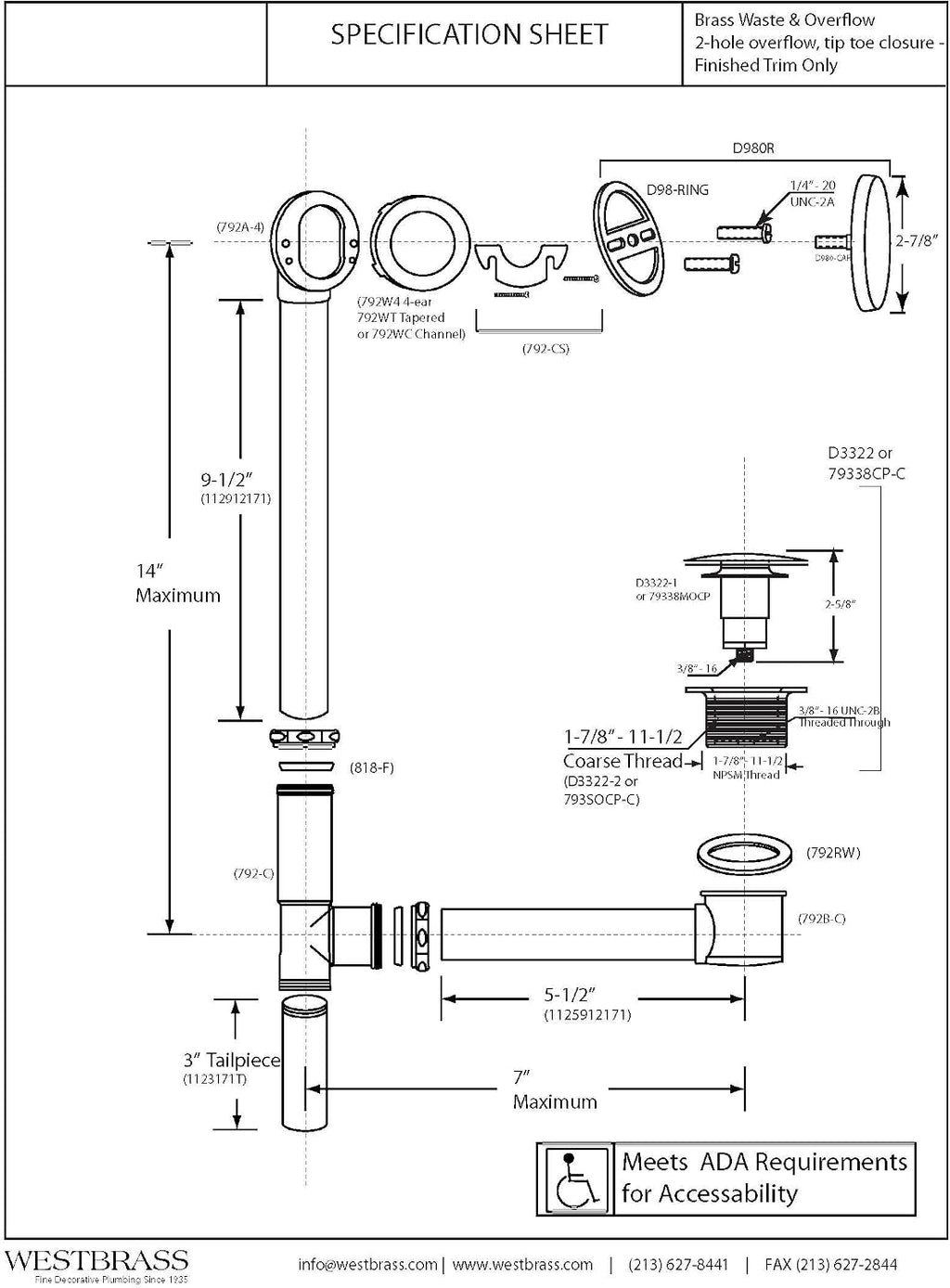 Westbrass A325H-12 14' Brass Bath Waste & Overflow Assembly with European Tip-Toe Drain Plug and Illusionary Faceplate, Oil Rubbed Bronze