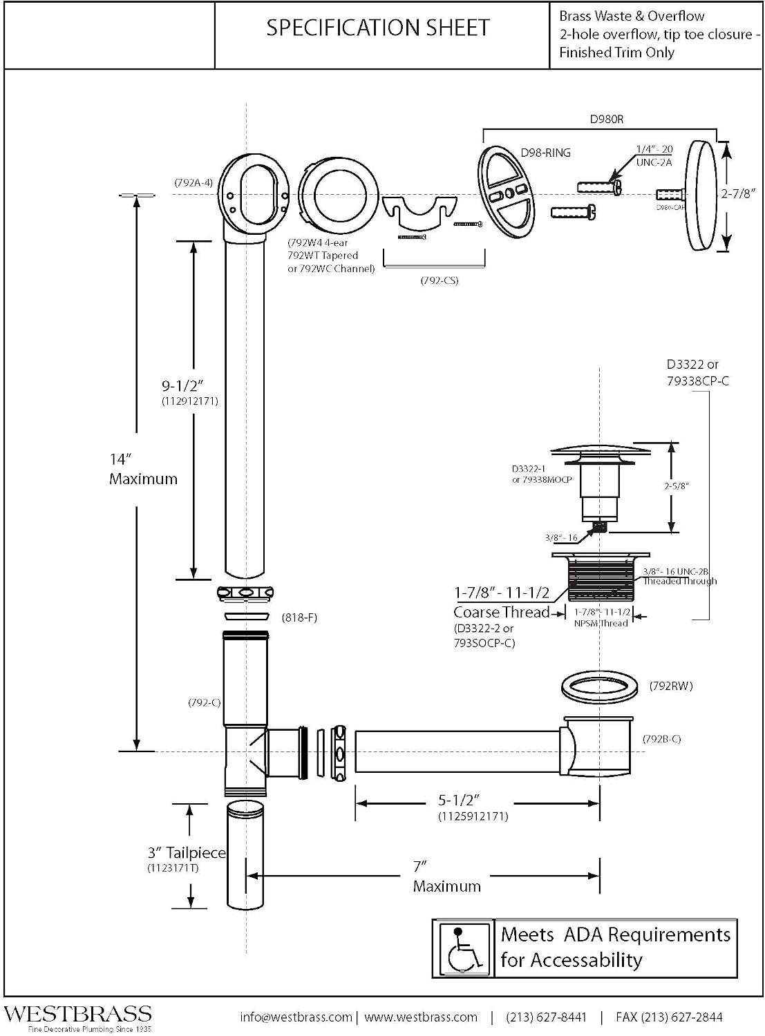 Westbrass A325H-18 14' Brass Bath Waste & Overflow Assembly with European Tip-Toe Drain Plug and Illusionary Faceplate, Brushed Bronze