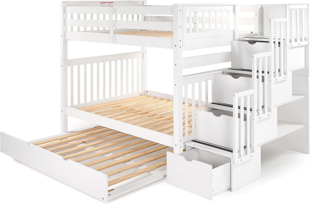 Bedz King Stairway Bunk Beds Full Over Full, 4 Step Drawers, Full Trundle, White