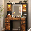 Vanity Desk with Mirror and Power Outlet, 41.3'' Large Make up Vanity Table with 6 Storage Drawers & RGB Cabinets, Dressing Table with 3 LED Lighting Modes Adjustable, for Girls, Women, Rustic Brown