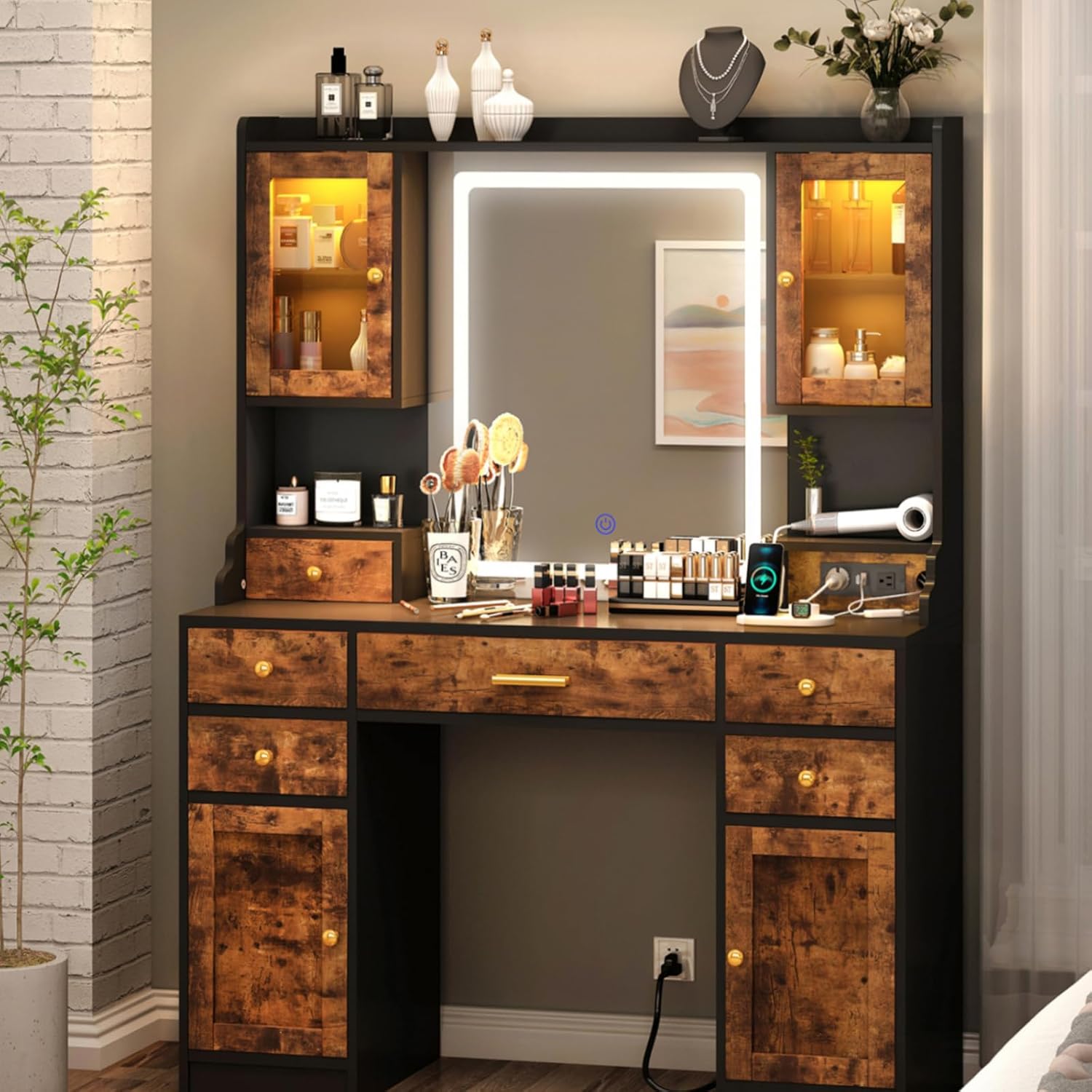 Vanity Desk with Mirror and Power Outlet, 41.3'' Large Make up Vanity Table with 6 Storage Drawers & RGB Cabinets, Dressing Table with 3 LED Lighting Modes Adjustable, for Girls, Women, Rustic Brown