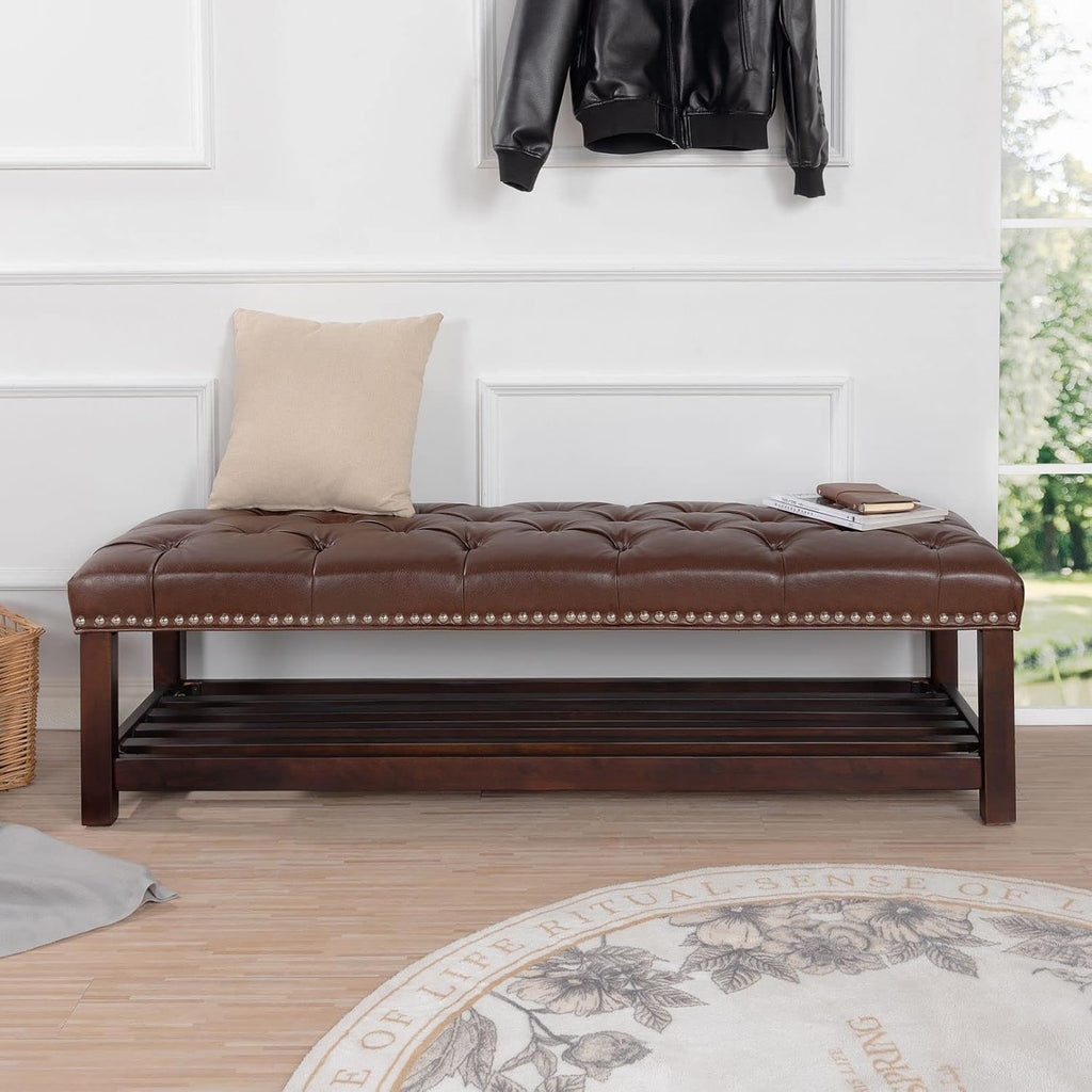 60in Button-Tufted Leather Indoor Bench, Brown Upholstered Shoe Bench Entryway, Bedroom Bench Seat, End of Bed Ottoman, Vanity Bench with Wooden Base Shoes Rack (Brown+Wooden)