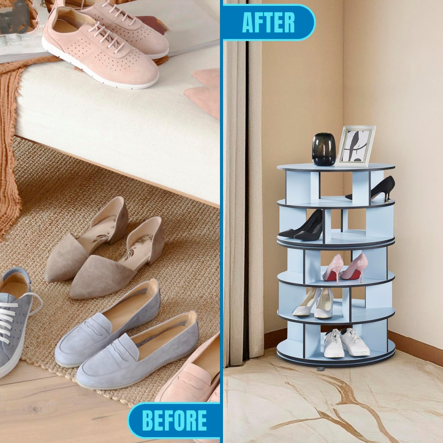 Kings Brand Furniture - 5-Tier Rotating Shoe Rack, 360° Revolving Lazy Susan Spinning Shoe Rack Tower Storage Organizer for Closet Entryway Bedroom Hallway, Blue
