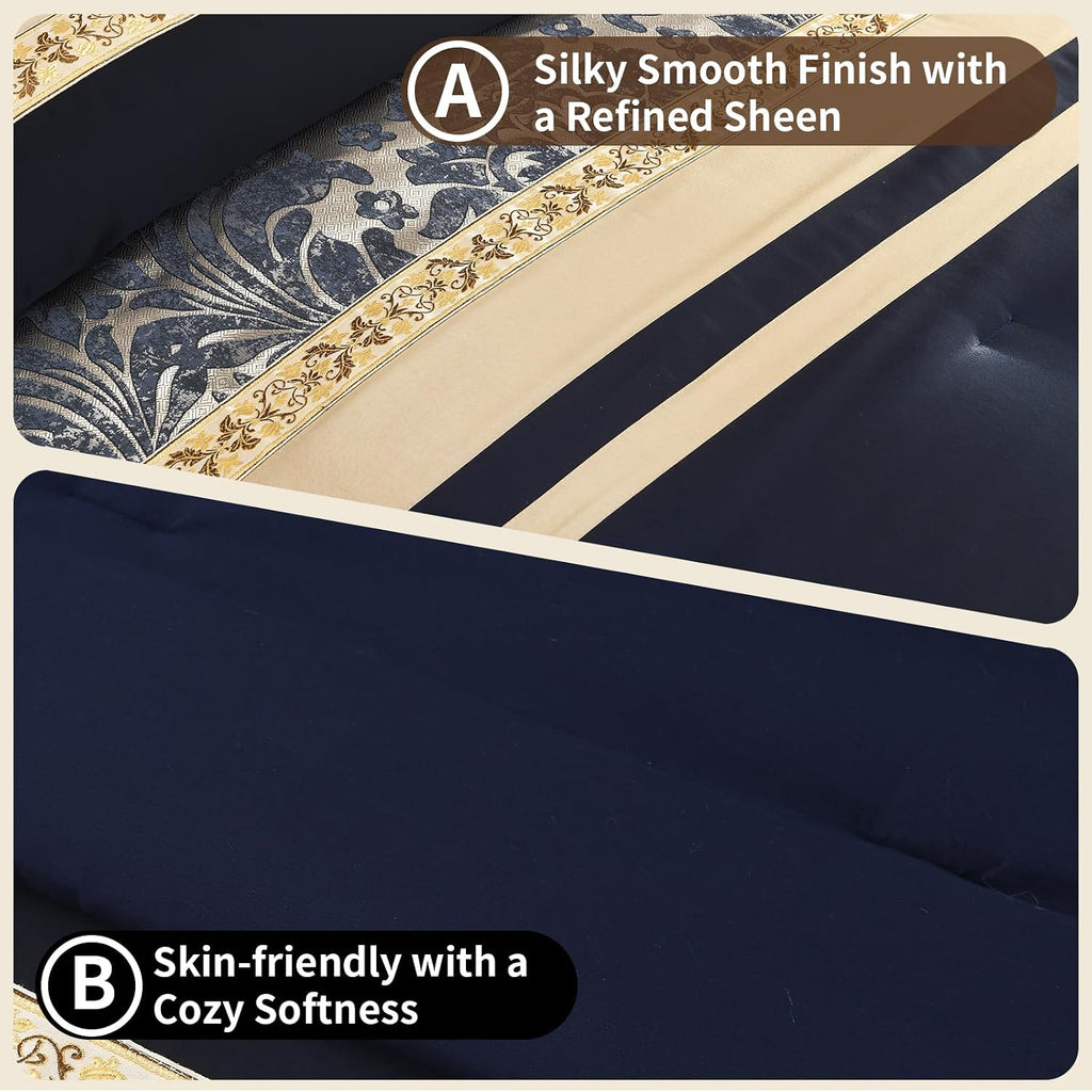 SahSahCasa 7-Piece Luxury California King Comforter Set, Cal King Comforter, Bed in a Bag California King, Jacquard Fluffy Comforter Bedding Set with Bedskirt, Pillows, Down-Alternative, Navy/Gold
