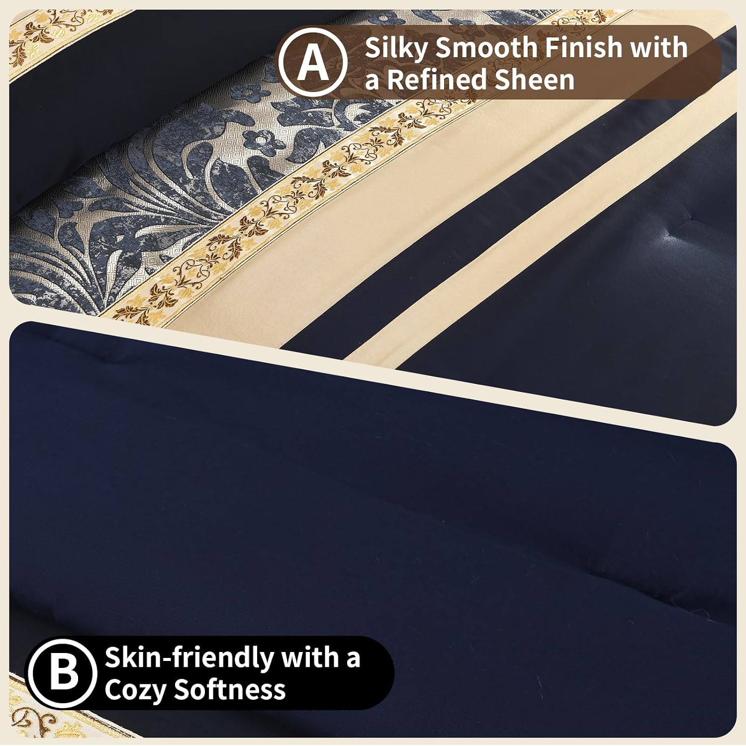 SahSahCasa 7-Piece Luxury California King Comforter Set, Cal King Comforter, Bed in a Bag California King, Jacquard Fluffy Comforter Bedding Set with Bedskirt, Pillows, Down-Alternative, Navy/Gold