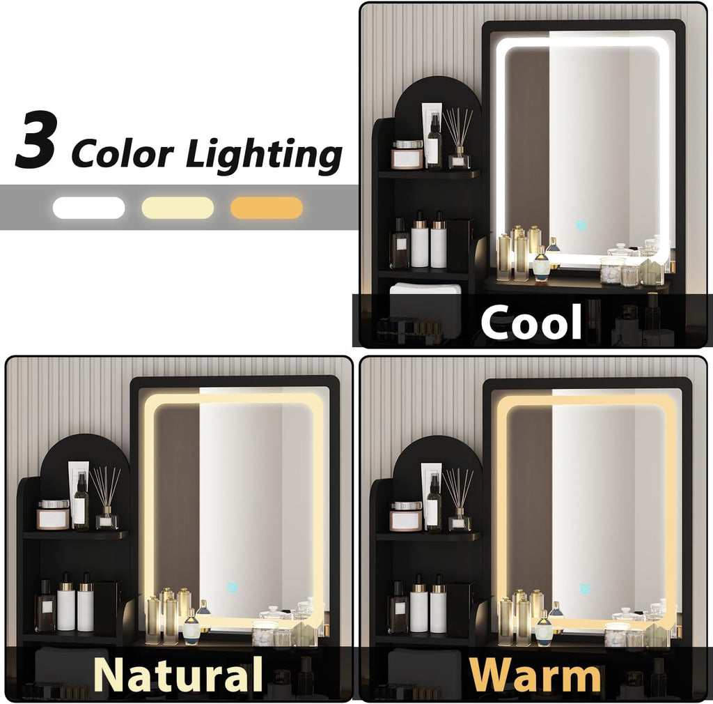FUFU&GAGA Vanity Set with Rectangular Mirror & Lights, Makeup Vanity Dressing Table with 5 Drawers, Shelves, Dresser Desk and Cushioned Stool Set (Black/Lighted Mirror)