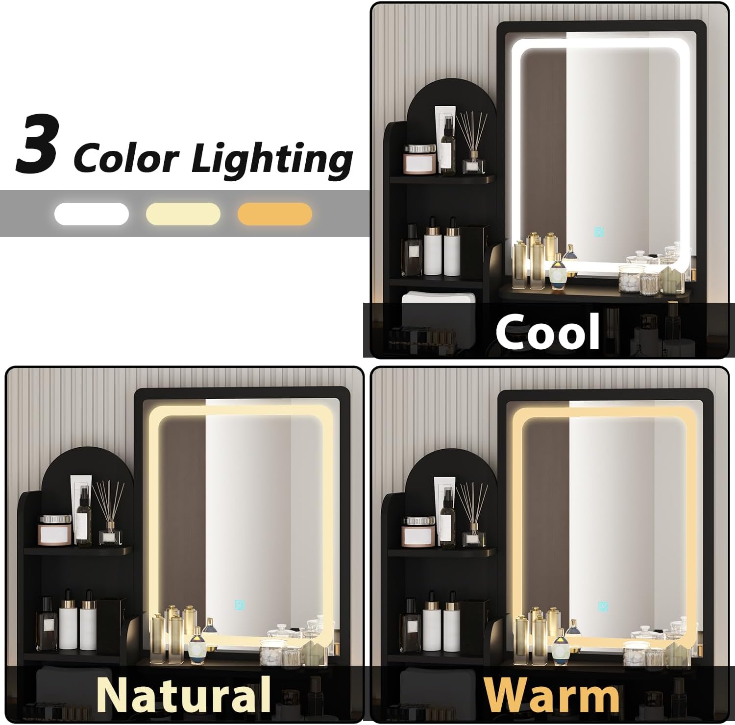 FUFU&GAGA Vanity Set with Rectangular Mirror & Lights, Makeup Vanity Dressing Table with 5 Drawers, Shelves, Dresser Desk and Cushioned Stool Set (Black/Lighted Mirror)