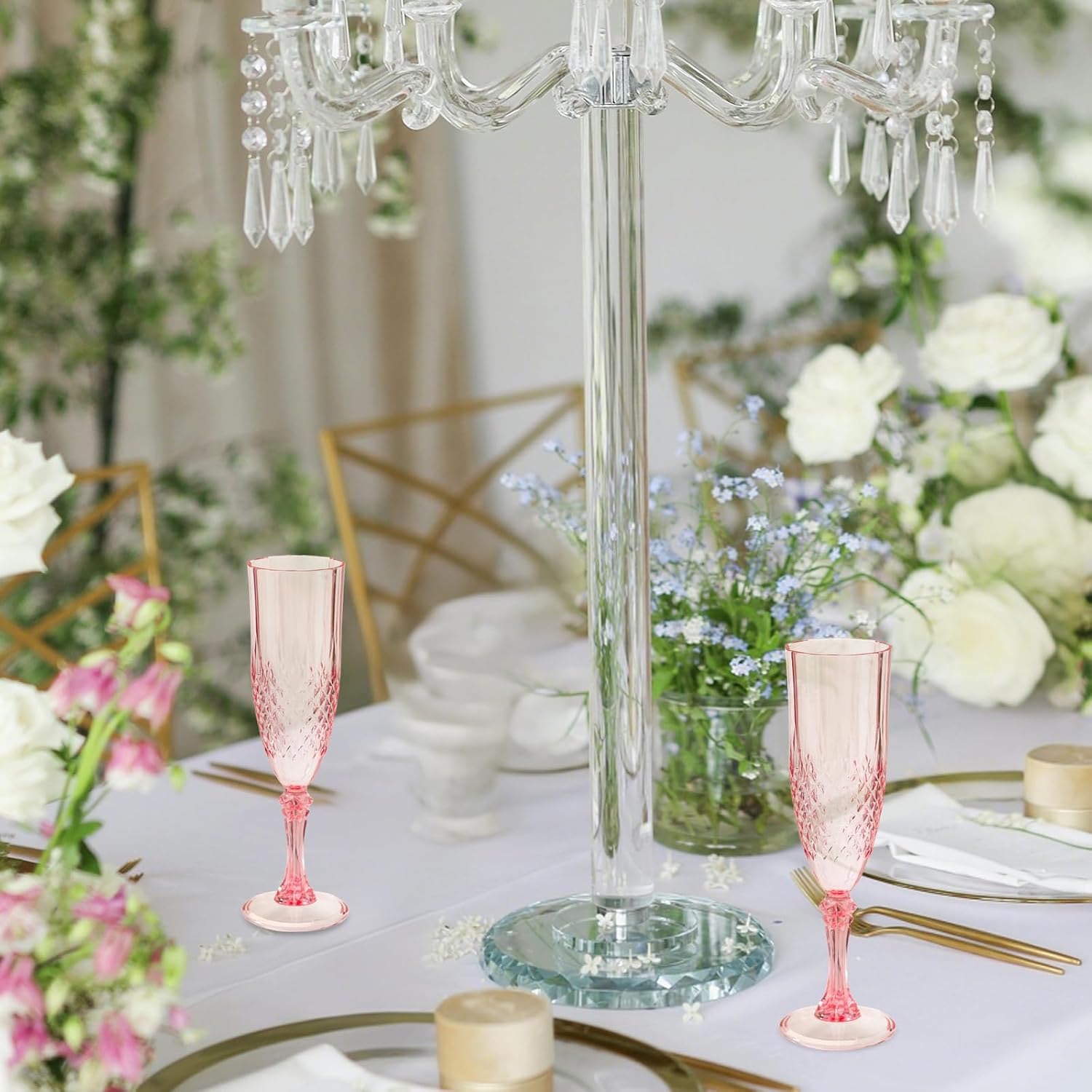 100PCS Plastic Champagne Flutes,7.1Oz Acrylic Pink Wine Glasses Goblets Reusable Drinking Champagne Glasses for Wedding ,Shatterproof and Disposable Cups Plastic Goblets Grand Event Party Supplies