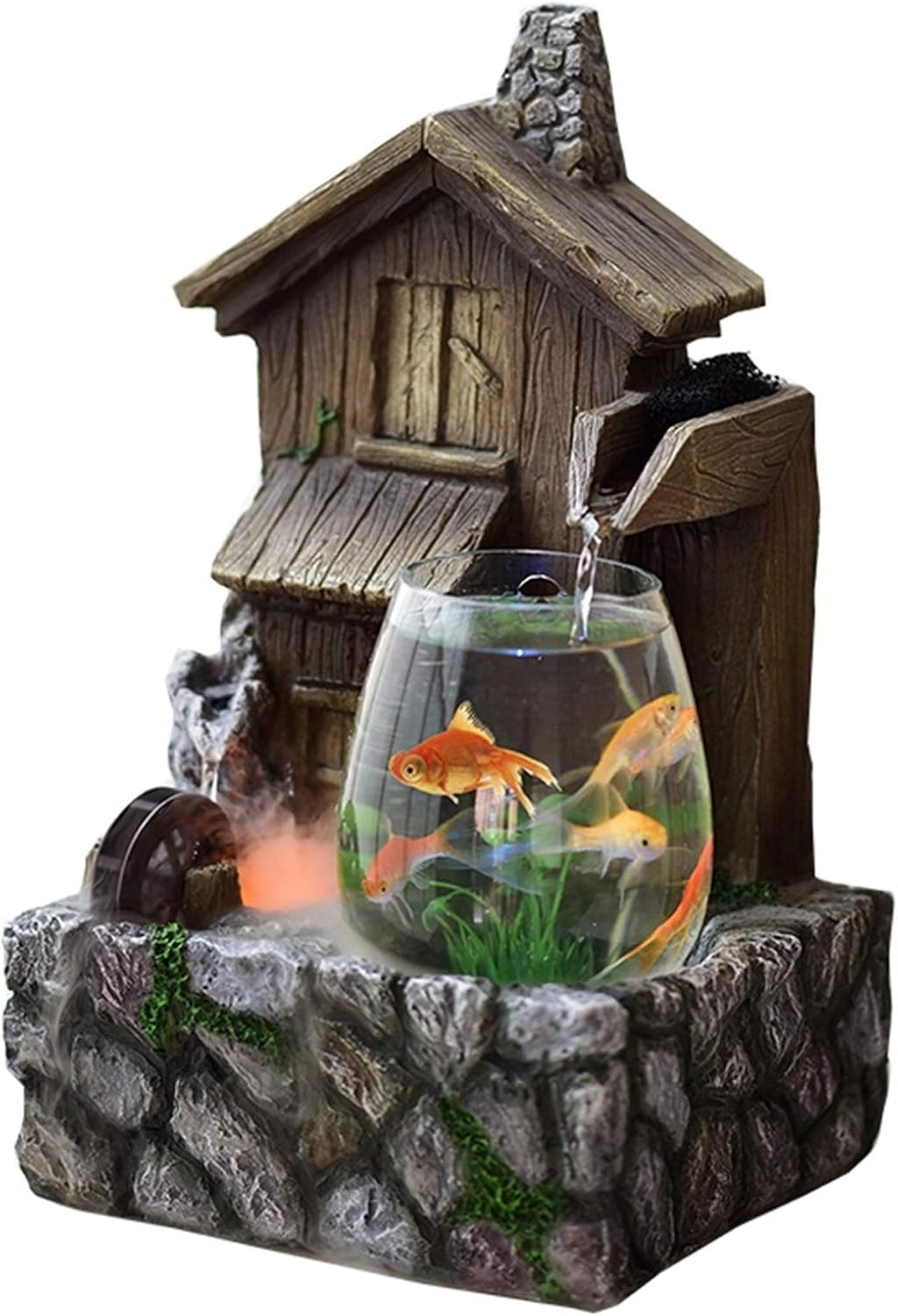 Transparent Fish Tank and Antique Cottage Fountain Waterfall Tabletop Water Feature Indoor Decoration Aquarium Humidifier Relaxesion Desktop Decorative Fountain(A)