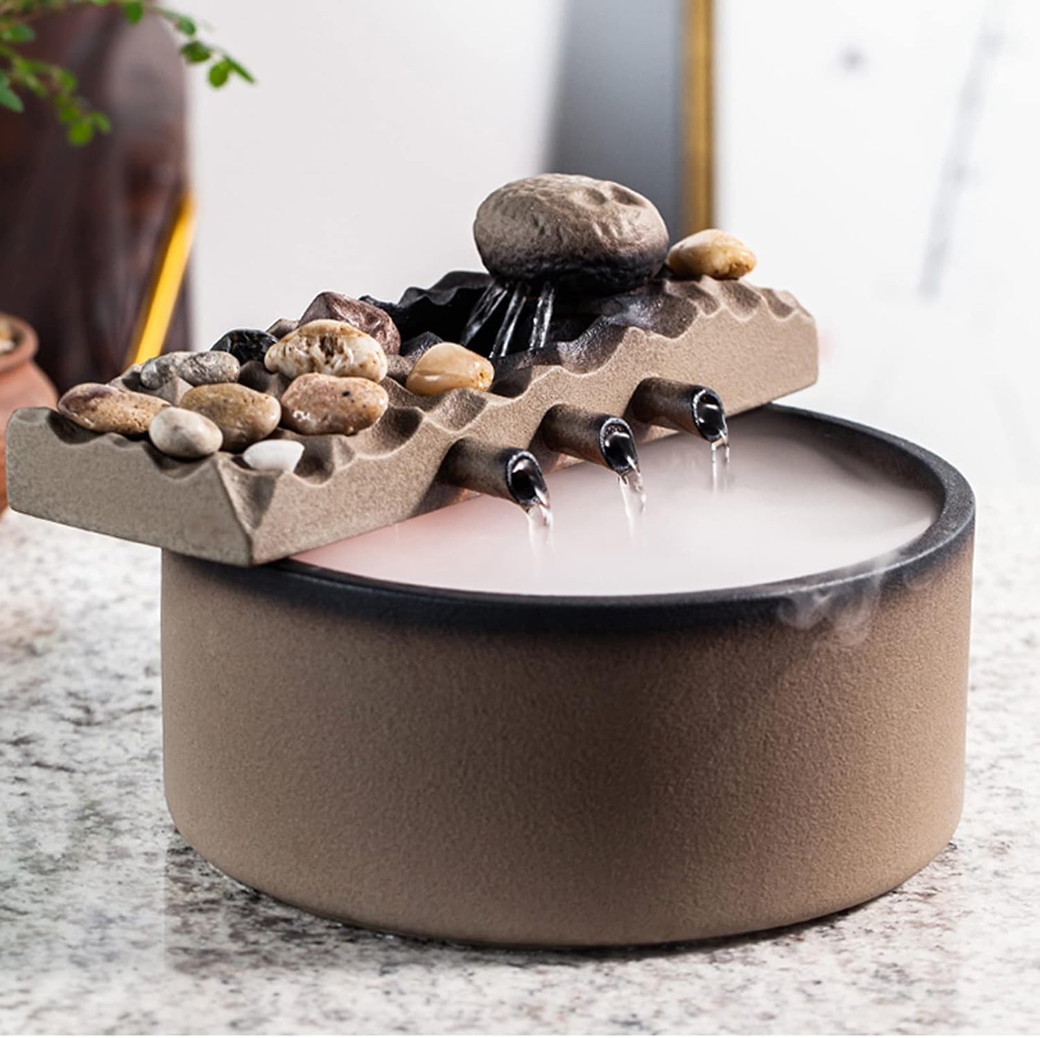 Tabletop Water Fountain Tabletop Fountain Waterfall Fountain Office Ceramic Tabletop Fountains for Home Office Decor Includes Water Mist Machine and Pump Indoor Fountain