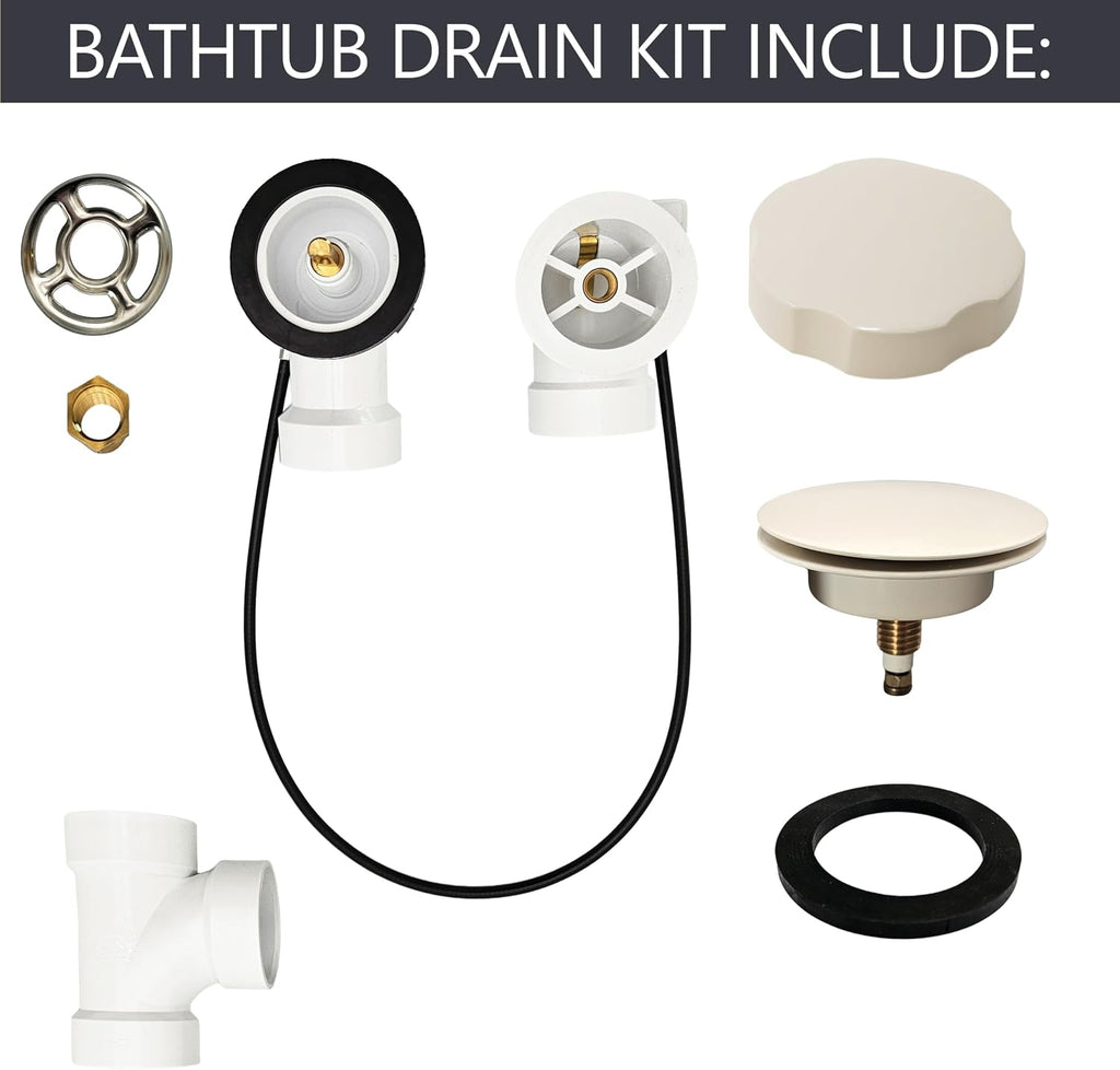 Westbrass A50P45-65 45' SCH. 40 PVC Cable Driven Bath Drain Trim Kit with Rotary Overflow Cover Knob and Pop-Up Stopper, Biscuit
