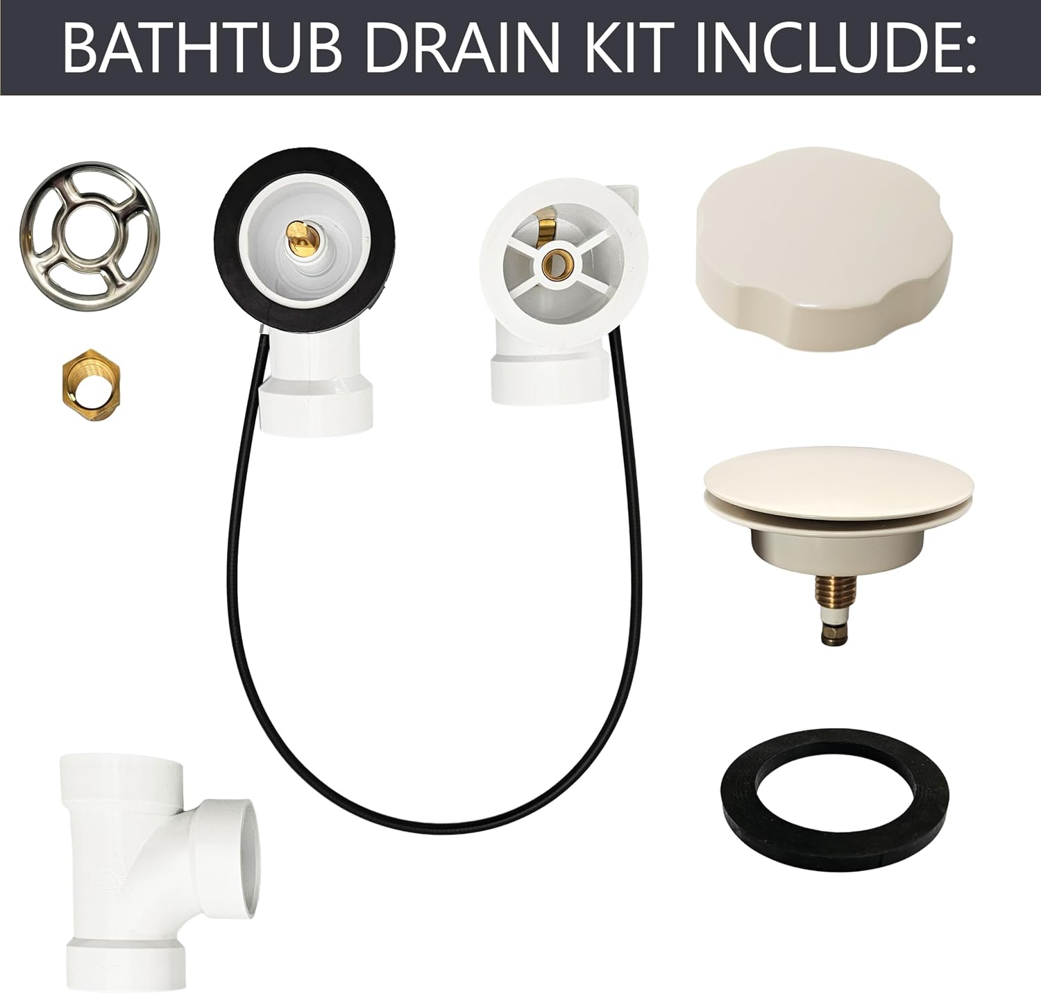 Westbrass A50P45-65 45' SCH. 40 PVC Cable Driven Bath Drain Trim Kit with Rotary Overflow Cover Knob and Pop-Up Stopper, Biscuit