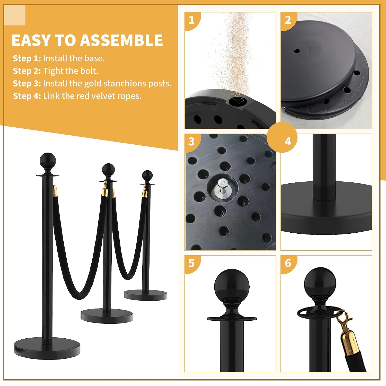 12Pcs Stanchions and Velvet Ropes, Black Stanchions with Retractable Belts, Crowd Control Barriers with Hollow Base, Red Carpet Ropes and Posts for Event & Party Supplies