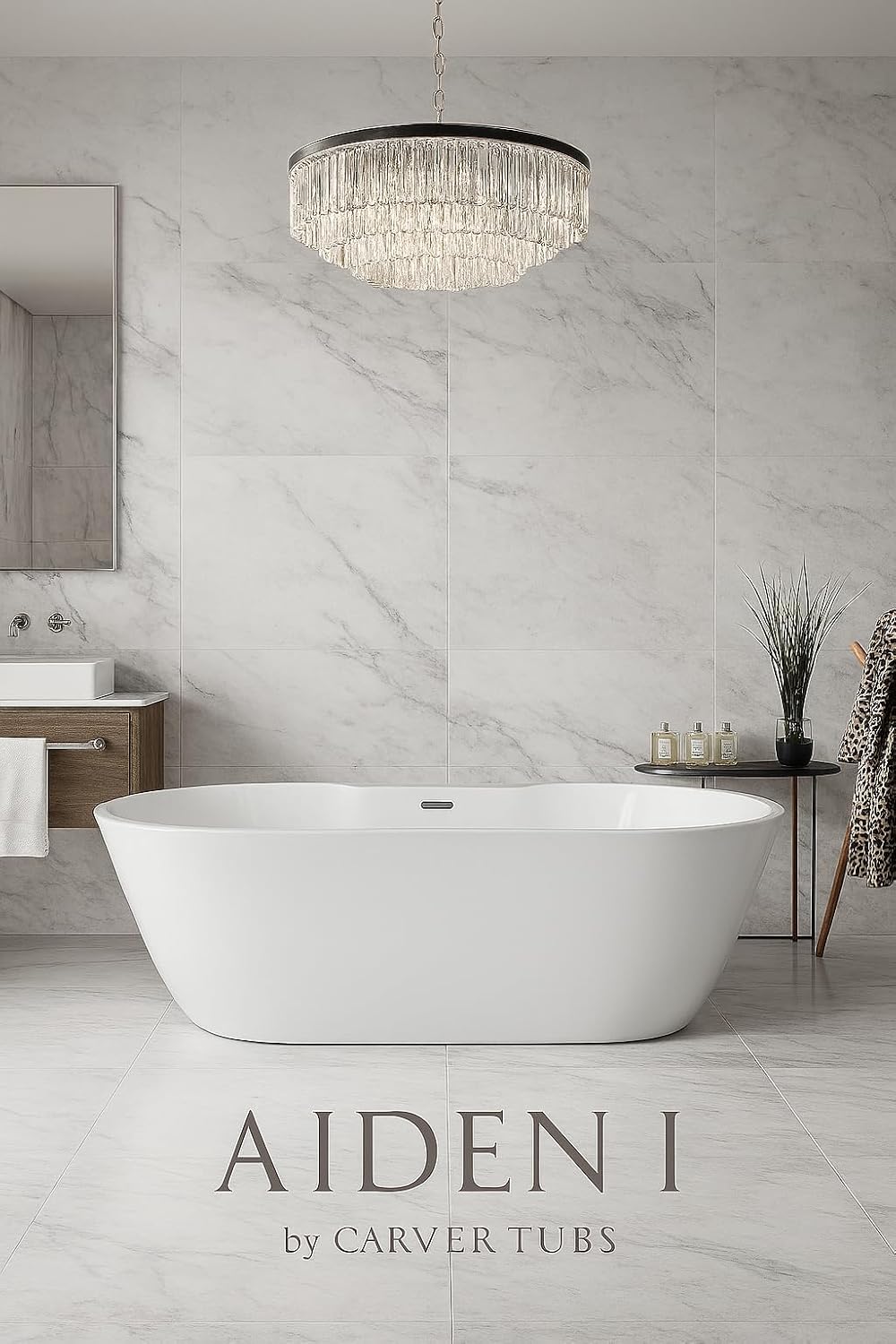 Carver Tubs - Aiden 65' - Modern White Freestanding Soaking Bathtub - w/LED Lights - White Acrylic Fiberglass Oval Bath Tub With Chrome Drain Overflow - Deep Relaxing Soak - 65″L x 29'W x 22'H